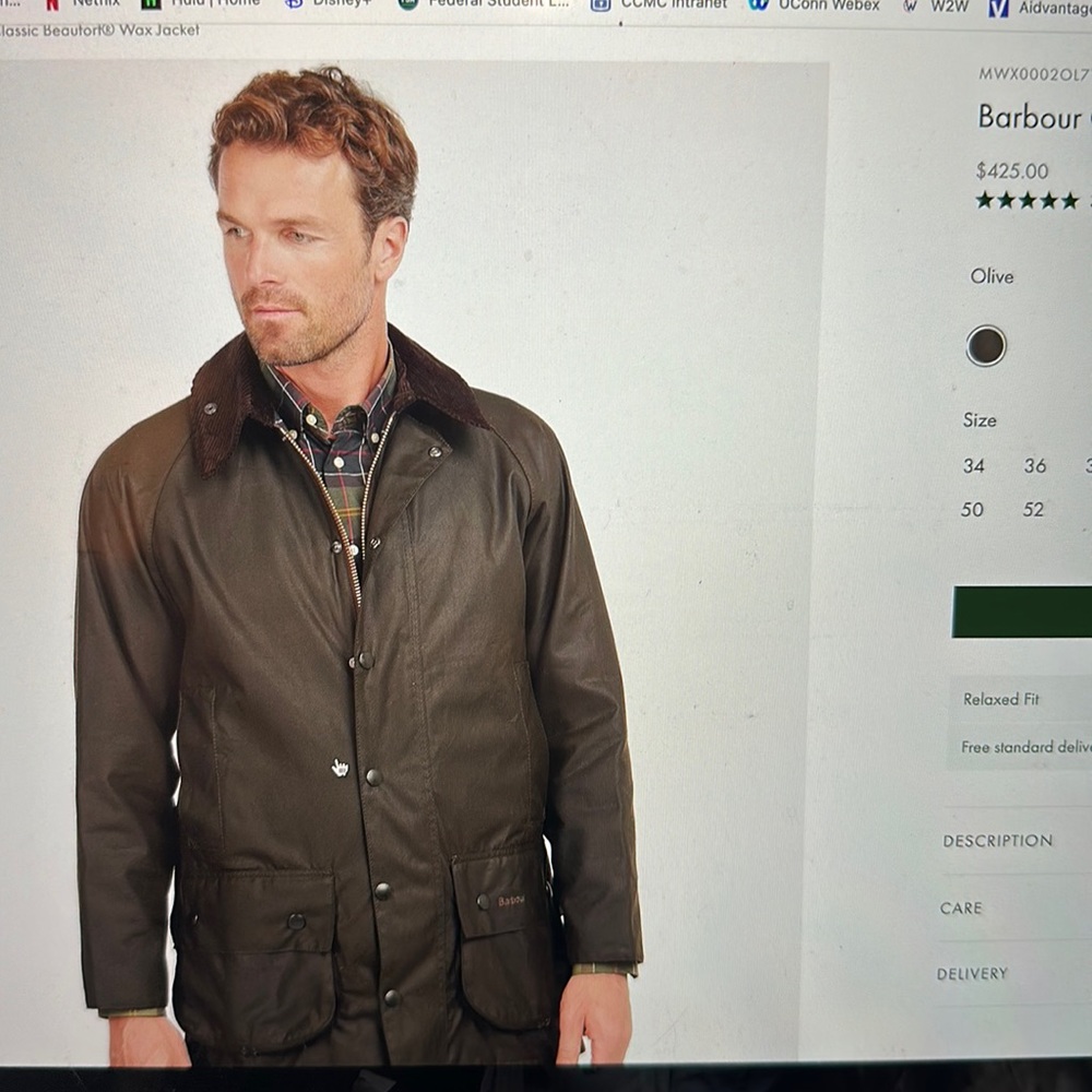 Barbour Classic Beaufort Wax Jacket Olive Size 38 + matching hood/vest insert